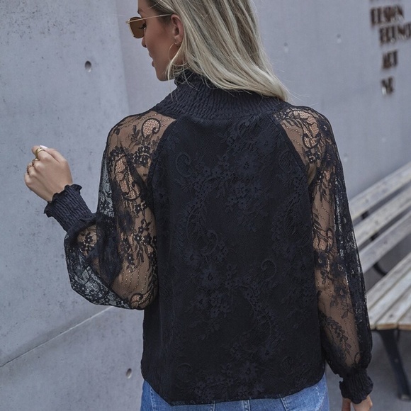 black classic lace mock neck sheer sleeve top - Picture 4 of 5